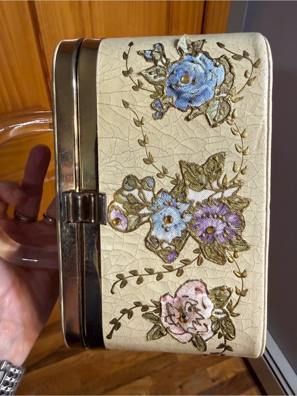 Floral Embroidered Cream Jewelry Box with Blue and Pink Accents